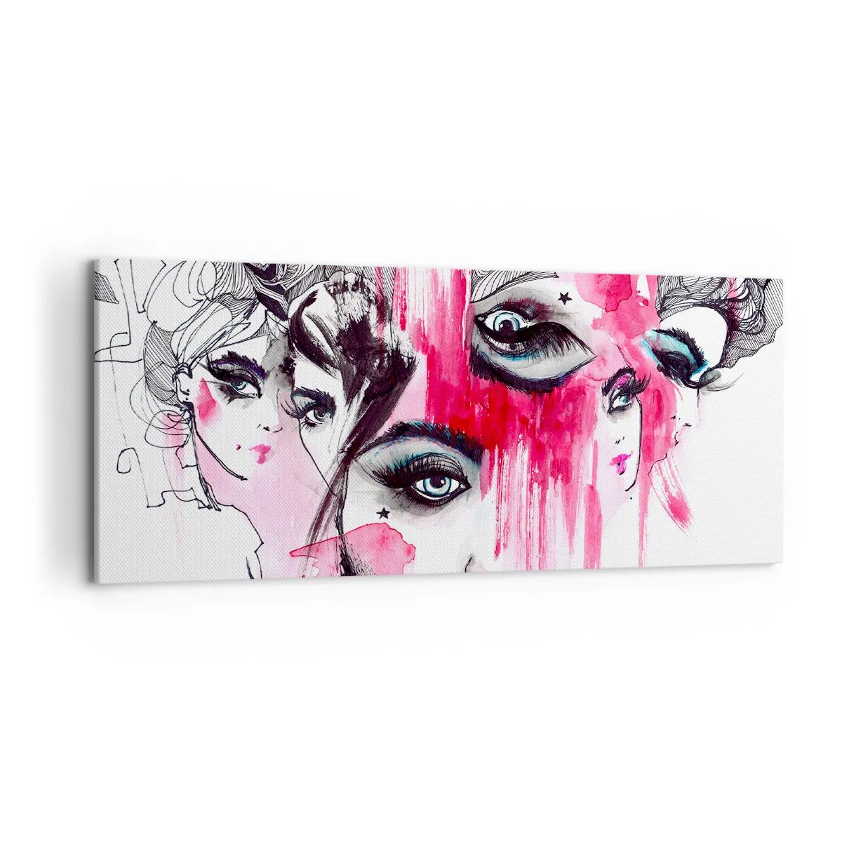 Impression sur toile - Image sur toile - Visage abstrait dans les tons de rose et de noir - 120x50cm - Yeux abstraits - Décoration murale moderne pour le salon et la chambre ARTTOR
