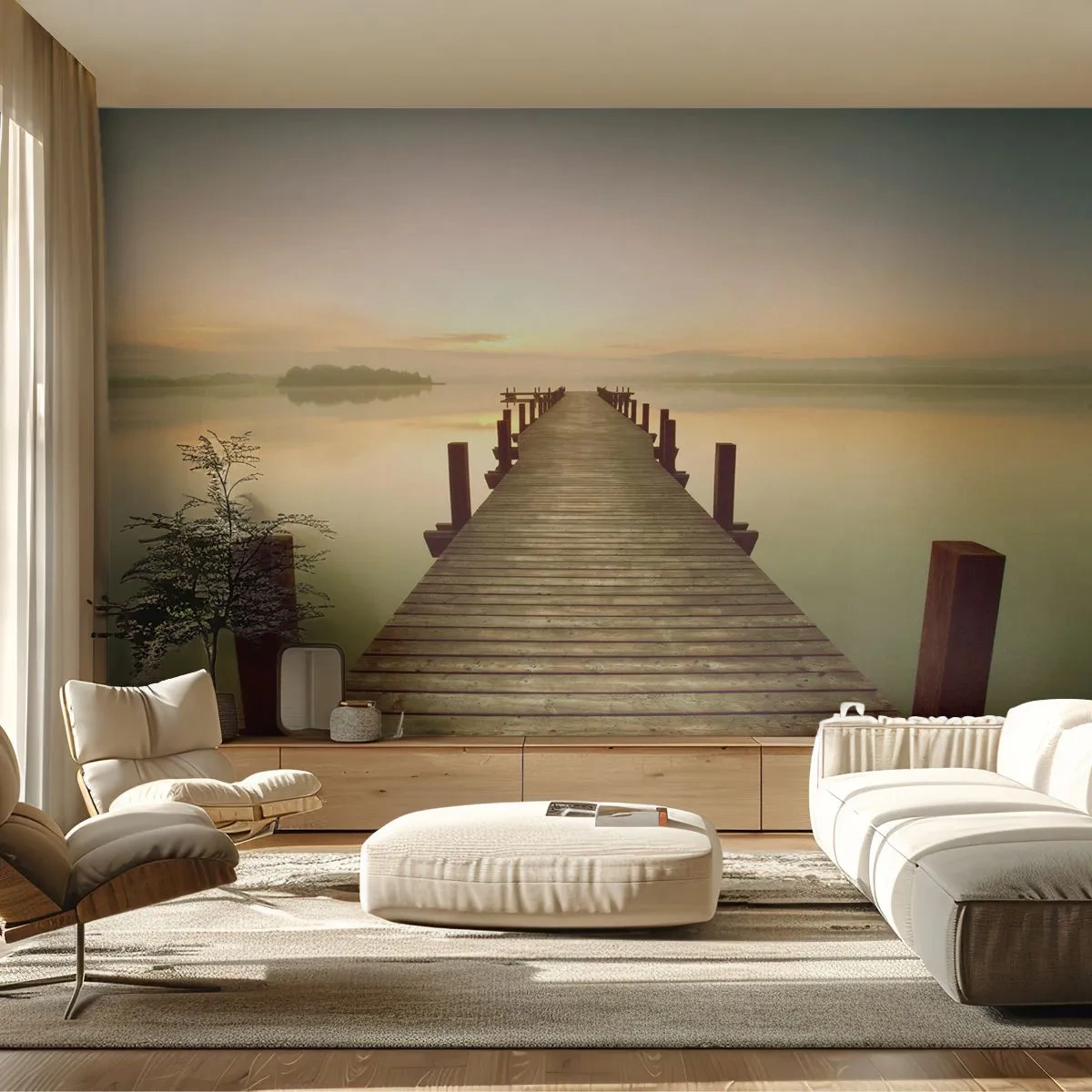 Papier Peint Photo Premium Sand - Une jetée en bois menant à un lac calme à l'aube - 100x70cm - L'aube, les premières lueurs, le jour - Décoration murale moderne pour le salon et la chambre ARTTOR