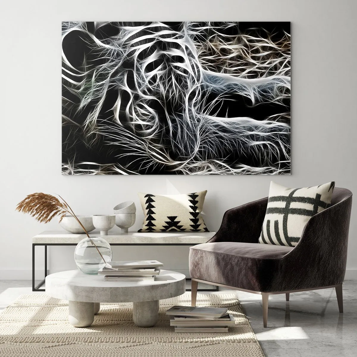 Impression sur verre - Image sur verre - Tigre abstrait en lignes lumineuses sur fond noir - 70x50cm - Une étude de la légèreté du chat - Décoration murale moderne pour le salon et la chambre ARTTOR