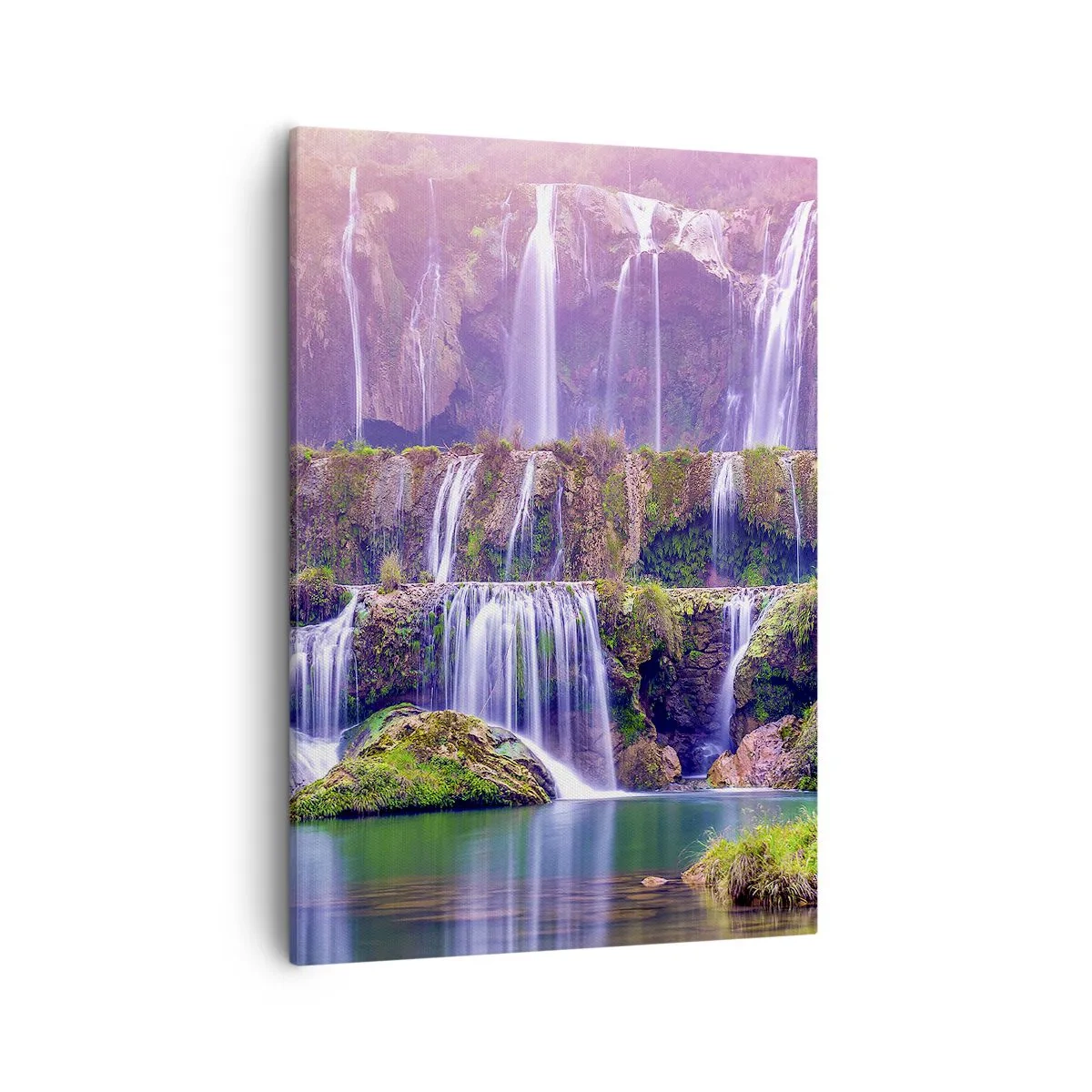 Impression sur toile - Image sur toile - Cascades entourées de verdure avec un éclairage pastel - 50x70cm - Escalier vers le ciel - Décoration murale moderne pour le salon et la chambre ARTTOR