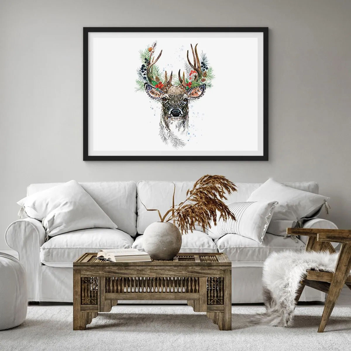 Affiche dans un cadre noir - Poster - Cerf stylisé avec des bois décoratifs sur fond blanc - 100x70cm - En robe de fête - Décoration murale moderne pour le salon et la chambre ARTTOR