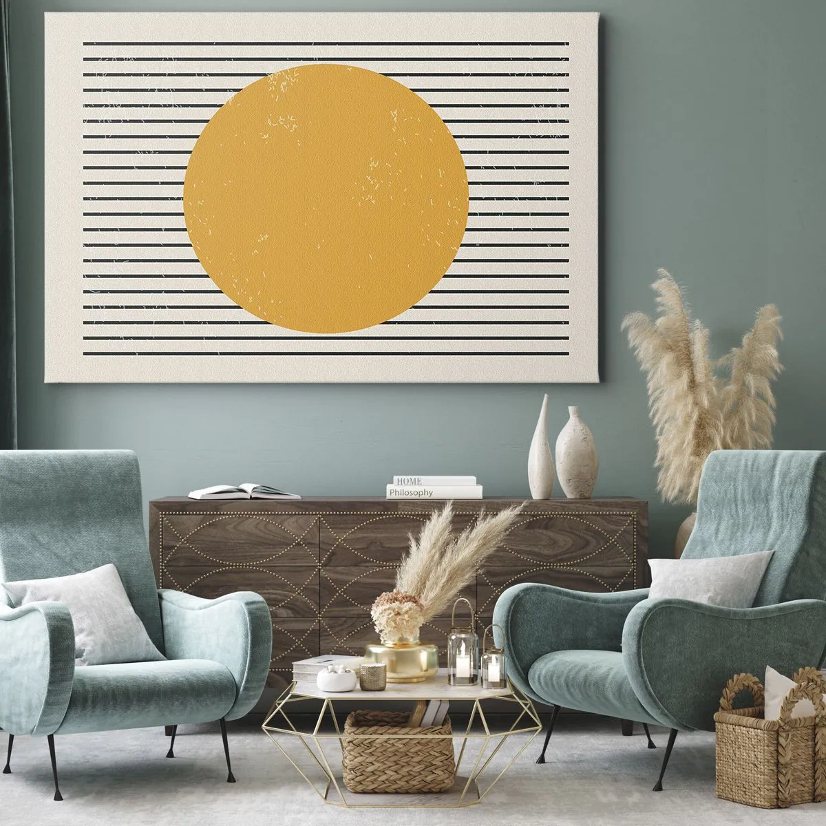 Impression sur toile - Image sur toile - Un cercle jaune sur un fond de lignes horizontales noires et blanches - 100x70cm - Le pouvoir de la simplicité - Décoration murale moderne pour le salon et la chambre ARTTOR