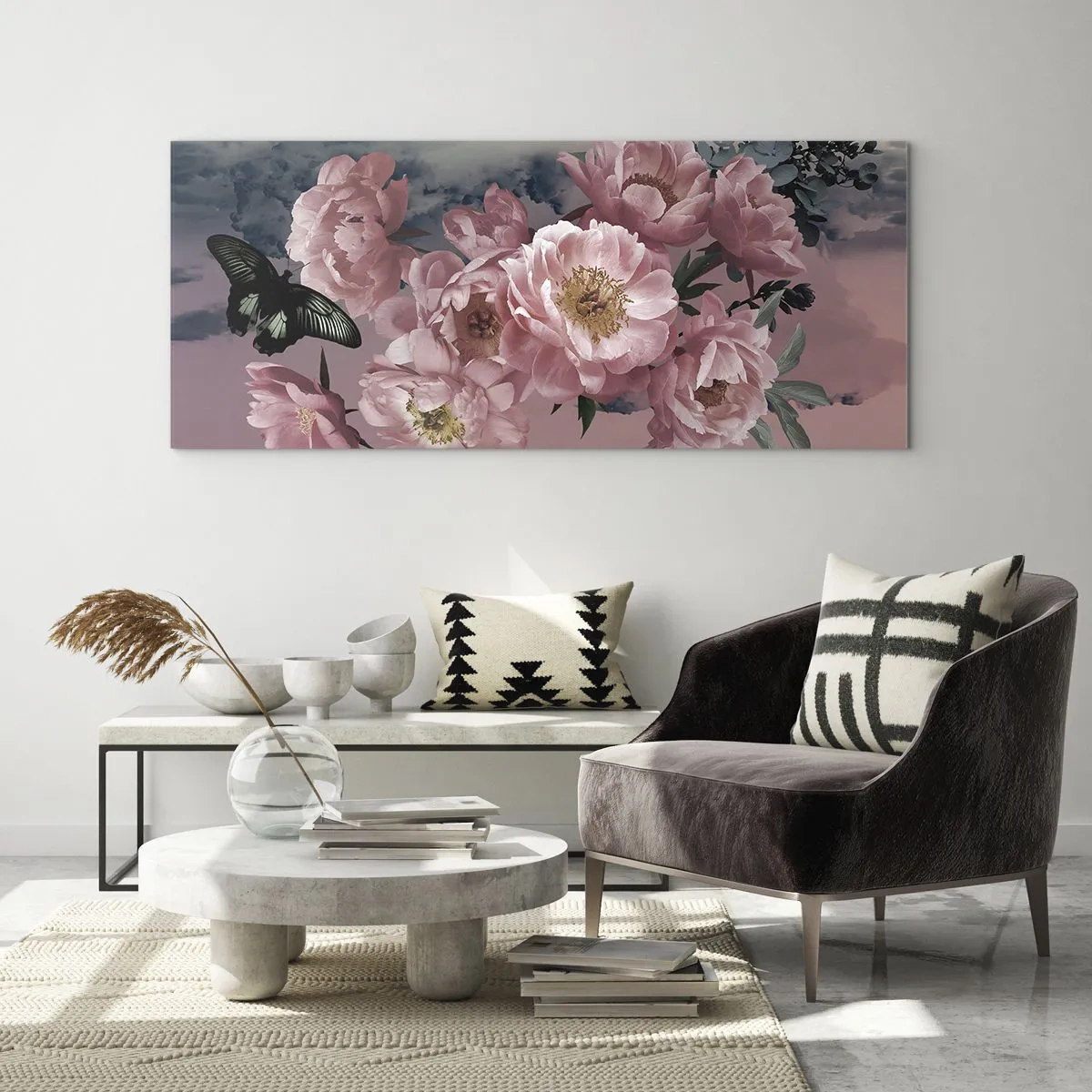 Impression sur verre - Image sur verre - Pivoines roses avec un papillon sur fond pastel - 120x50cm - Pic du romantisme - Décoration murale moderne pour le salon et la chambre ARTTOR