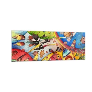 Impression sur verre - Image sur verre - Une scène spatiale colorée pleine d'enfants et de vaisseaux spatiaux - 140x50cm - Grande aventure spatiale - Décoration murale moderne pour le salon et la chambre ARTTOR