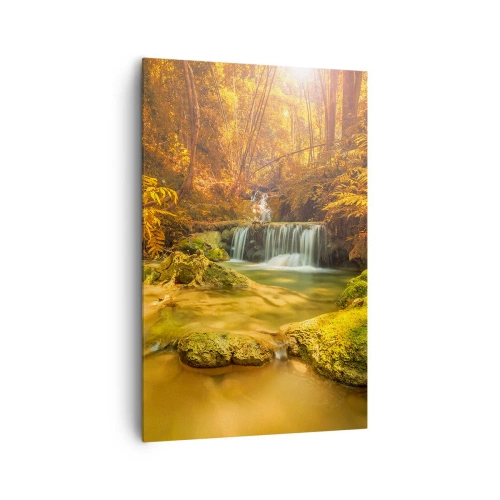 Impression sur toile - Image sur toile - Une cascade dorée dans une forêt d'automne entourée de verdure - 80x120cm - Cascade de forêt en or - Décoration murale moderne pour le salon et la chambre ARTTOR