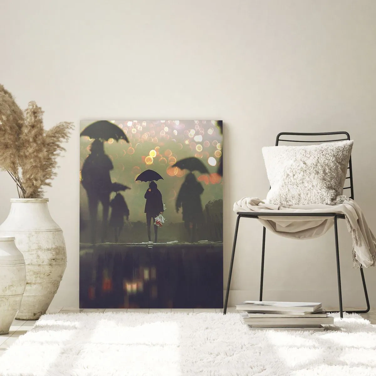 Impression sur verre - Image sur verre - Personnages avec parapluies sous la pluie sur fond de lumières de la ville - 50x70cm - Du point de vue d'une goutte de pluie - Décoration murale moderne pour le salon et la chambre ARTTOR