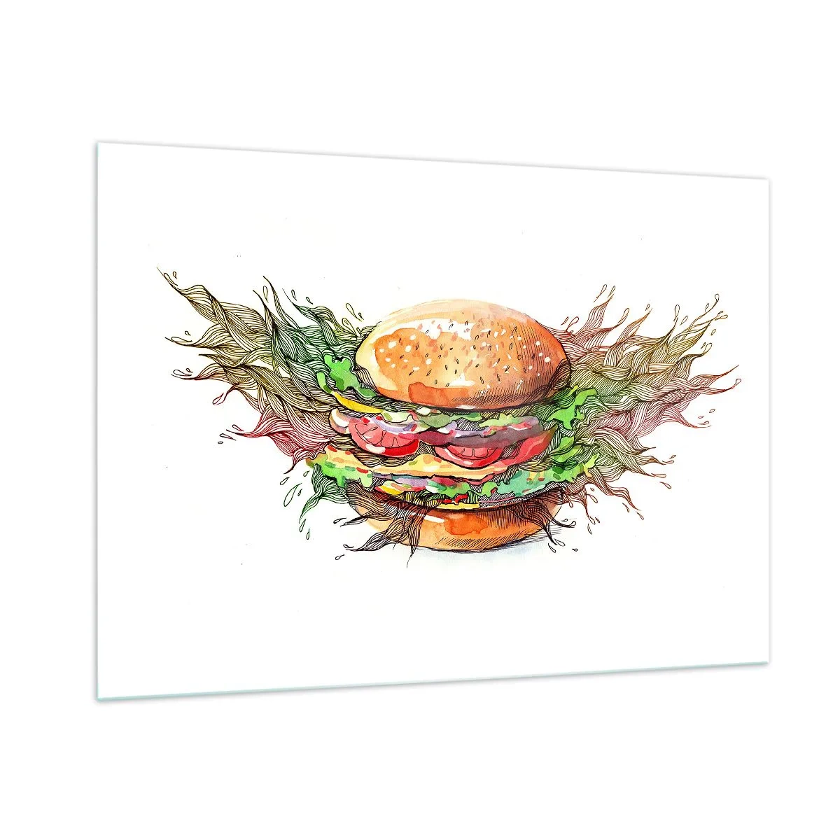Impression sur verre - Image sur verre - Dessin artistique d'un hamburger avec des détails à l'aquarelle - 100x70cm - Tentation chaude - Décoration murale moderne pour le salon et la chambre ARTTOR