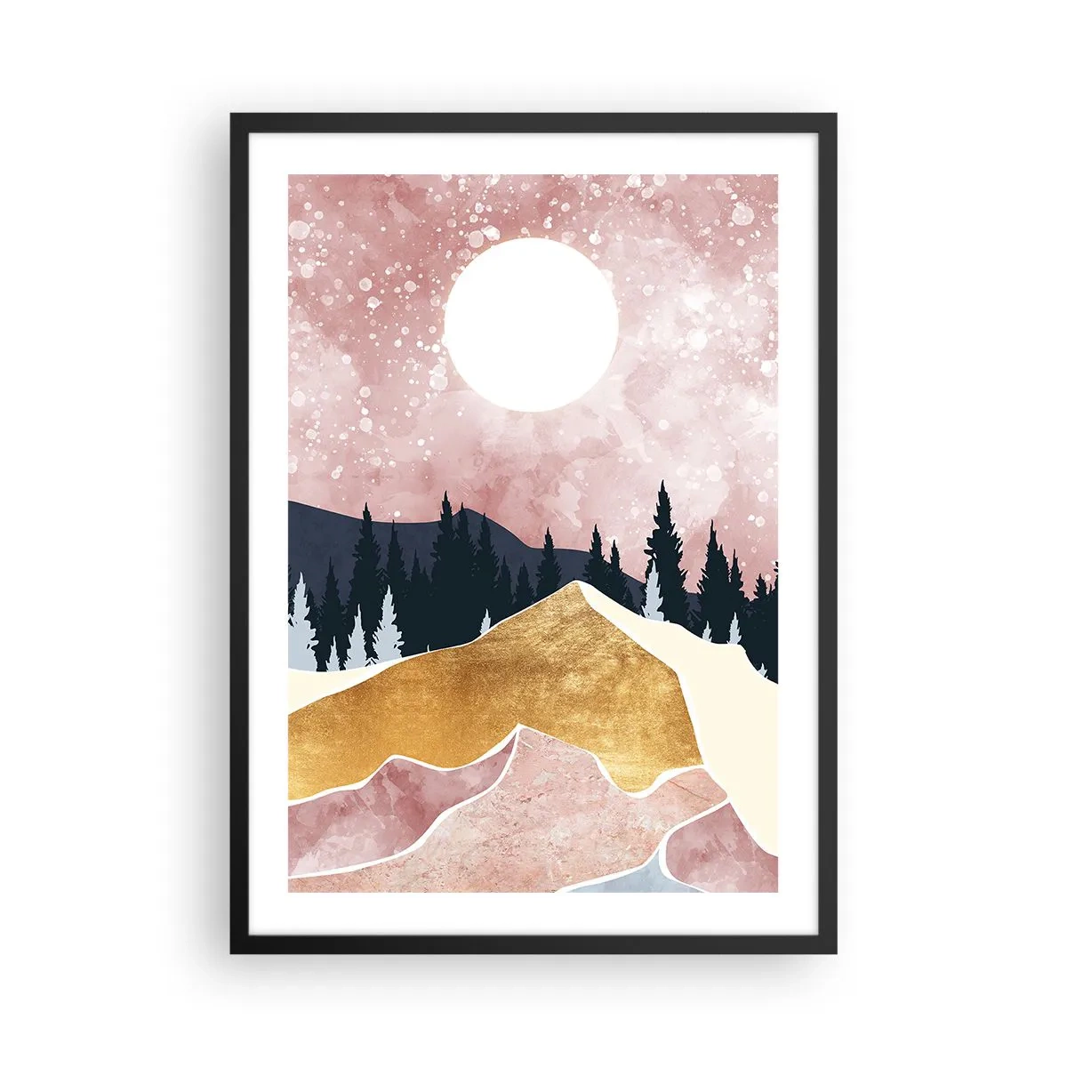 Affiche dans un cadre noir - Poster - Paysage abstrait avec forêt, montagnes et accents dorés - 50x70cm - Gardien de la nuit - Décoration murale moderne pour le salon et la chambre ARTTOR