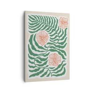 Impression sur toile - Image sur toile - Un motif minimaliste de feuilles vertes avec des fleurs dans des tons orange. - 50x70cm - Fleurit en vert - Décoration murale moderne pour le salon et la chambre ARTTOR