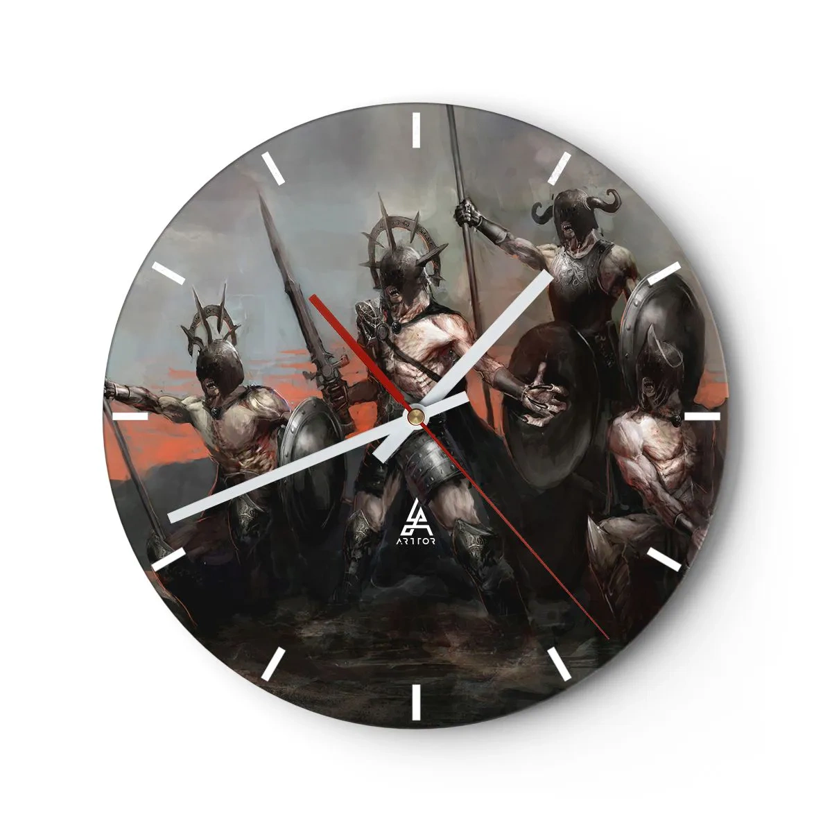 Horloge murale - Pendule murale - Un groupe de guerriers en armure avec des boucliers et des lances dans une scène dynamique - 30x30cm - Avec ou sur un bouclier - Décoration murale moderne pour le salon, la cuisine et la chambre ARTTOR