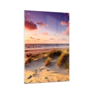Impression sur verre - Image sur verre - Une plage herbeuse et un coucher de soleil sur une mer calme - 70x100cm - L'air sent déjà l'été - Décoration murale moderne pour le salon et la chambre ARTTOR