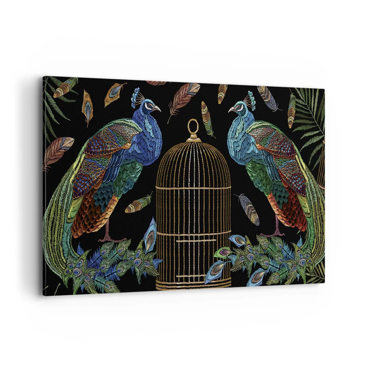 Impression sur toile - Image sur toile - Paons à côté d'une cage dorée sur fond noir - 100x70cm - En robes royales - Décoration murale moderne pour le salon et la chambre ARTTOR