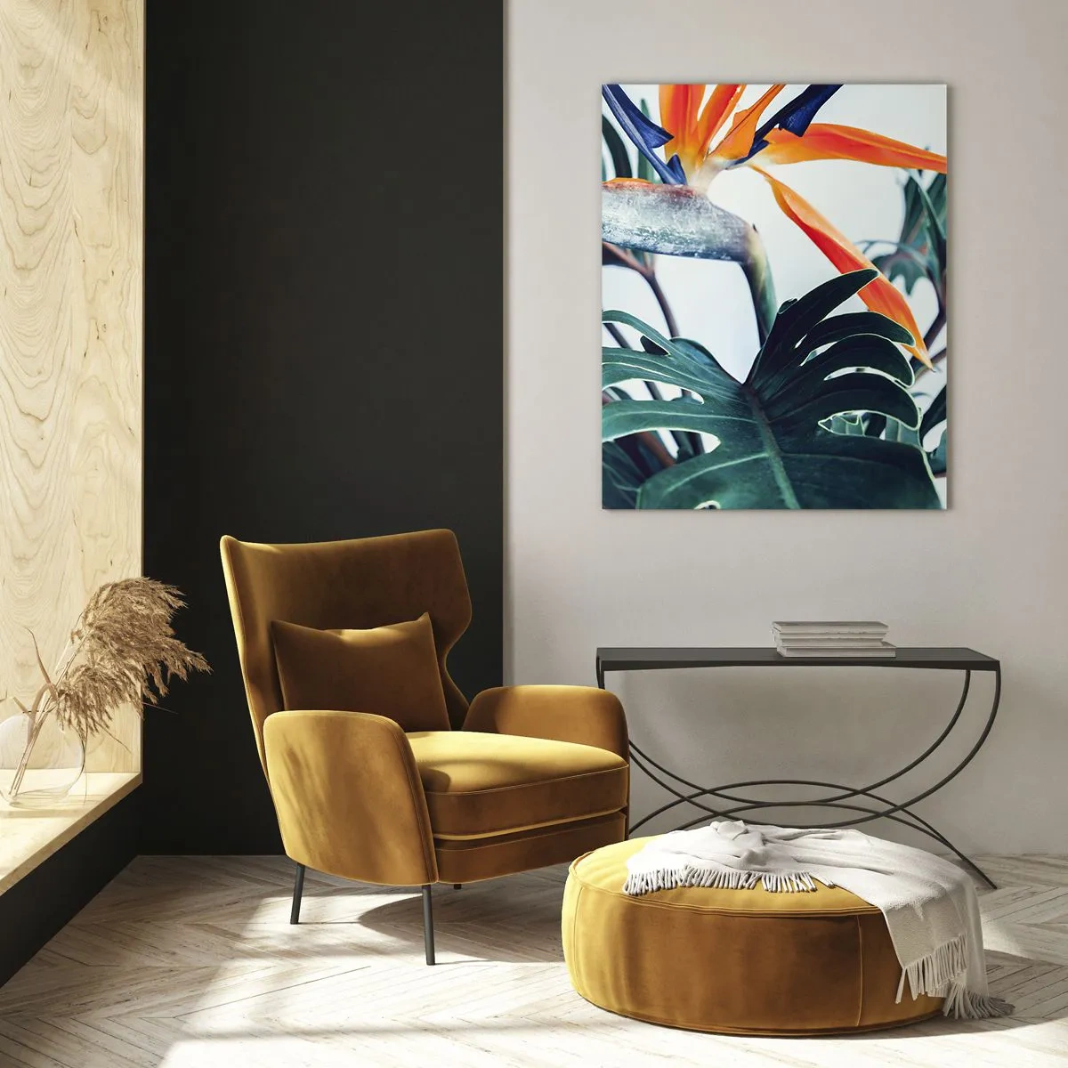 Impression sur verre - Image sur verre - Fleur de Strelitzia entourée de feuilles sous une lumière vive - 80x120cm - Le buisson oiseaux - Décoration murale moderne pour le salon et la chambre ARTTOR