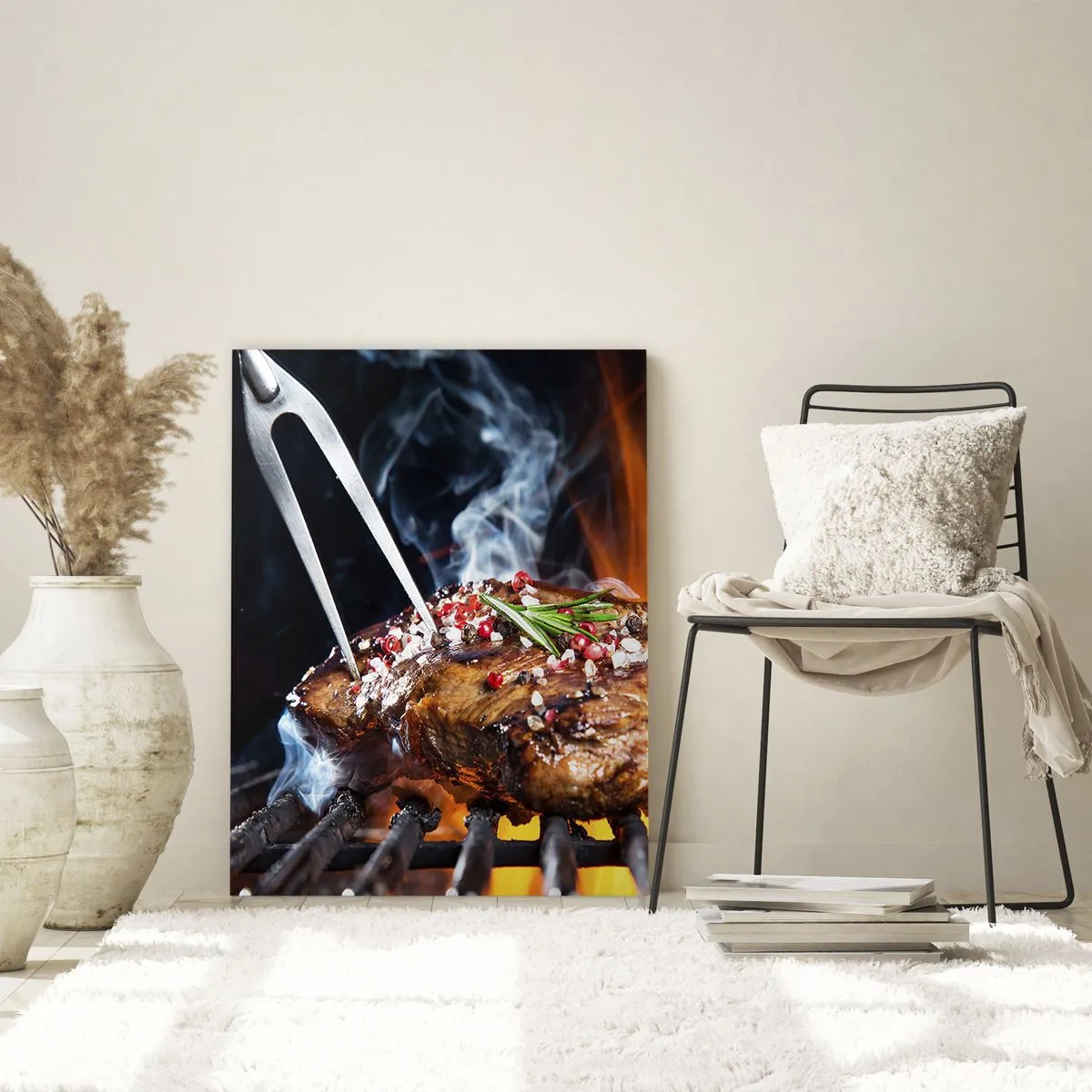 Impression sur verre - Image sur verre - Steak grillé aux épices sur le gril - 50x70cm - Juteux et parfumé - Décoration murale moderne pour le salon et la chambre ARTTOR