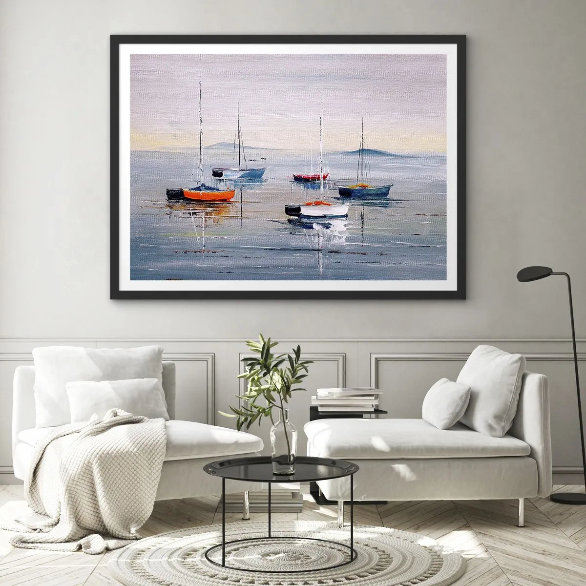 Affiche dans un cadre noir - Poster - Bateaux colorés sur une eau calme - 70x50cm - Un repos bien mérité - Décoration murale moderne pour le salon et la chambre ARTTOR