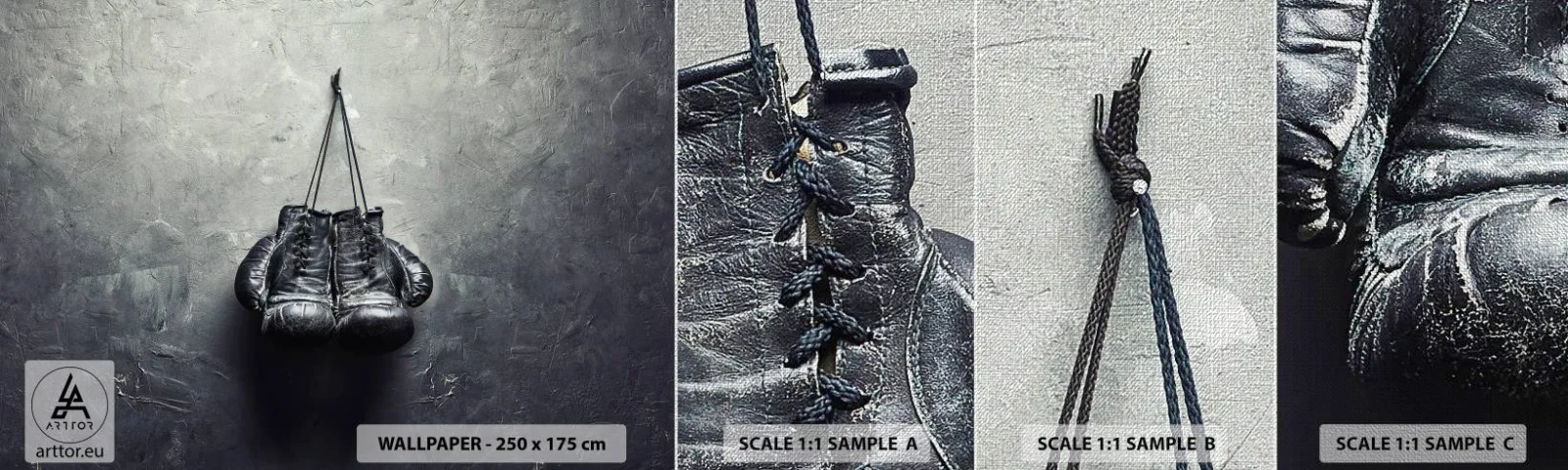 Échantillon de Papier Peint Premium Canvas - Un temps pour se battre et un temps pour la paix - Boîte, Gants de boxe, Ancien - 100x30 cm