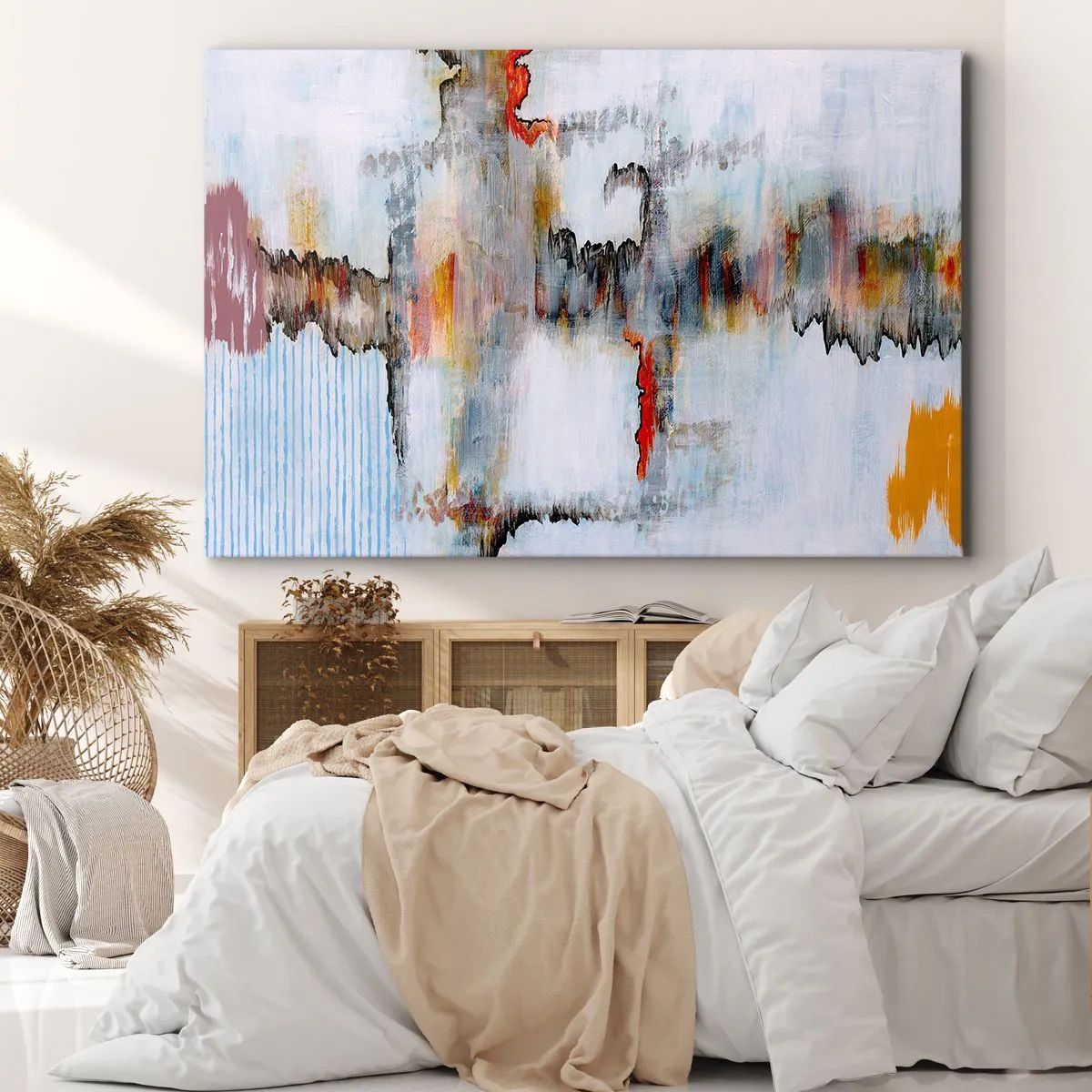 Impression sur toile - Image sur toile - Motif abstrait aux couleurs vives sur fond clair - 120x80cm - Un bâton sur l'eau - Décoration murale moderne pour le salon et la chambre ARTTOR