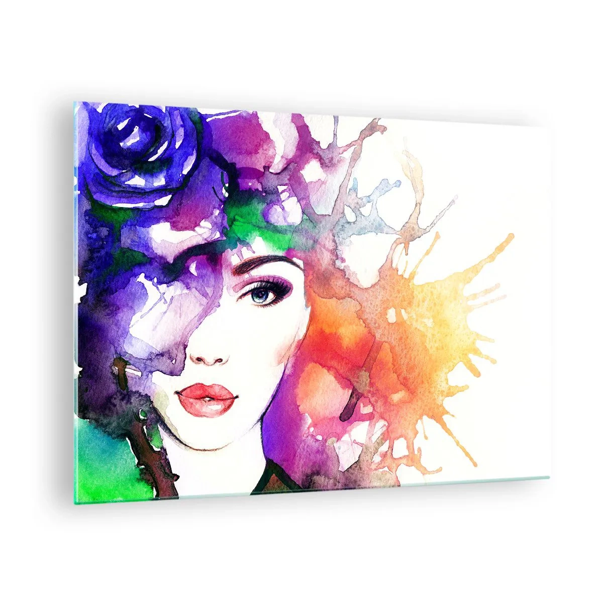 Impression sur verre - Image sur verre - Une femme avec un arrière-plan flou et coloré dans un style aquarelle - 70x50cm - Avec la tête dans les nuages - Décoration murale moderne pour le salon et la chambre ARTTOR