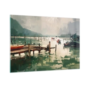Impression sur verre - Image sur verre - Une jetée en bois et des bateaux sur une eau calme entourée de montagnes - 100x70cm - Trempé dans une lune en fusion - Décoration murale moderne pour le salon et la chambre ARTTOR
