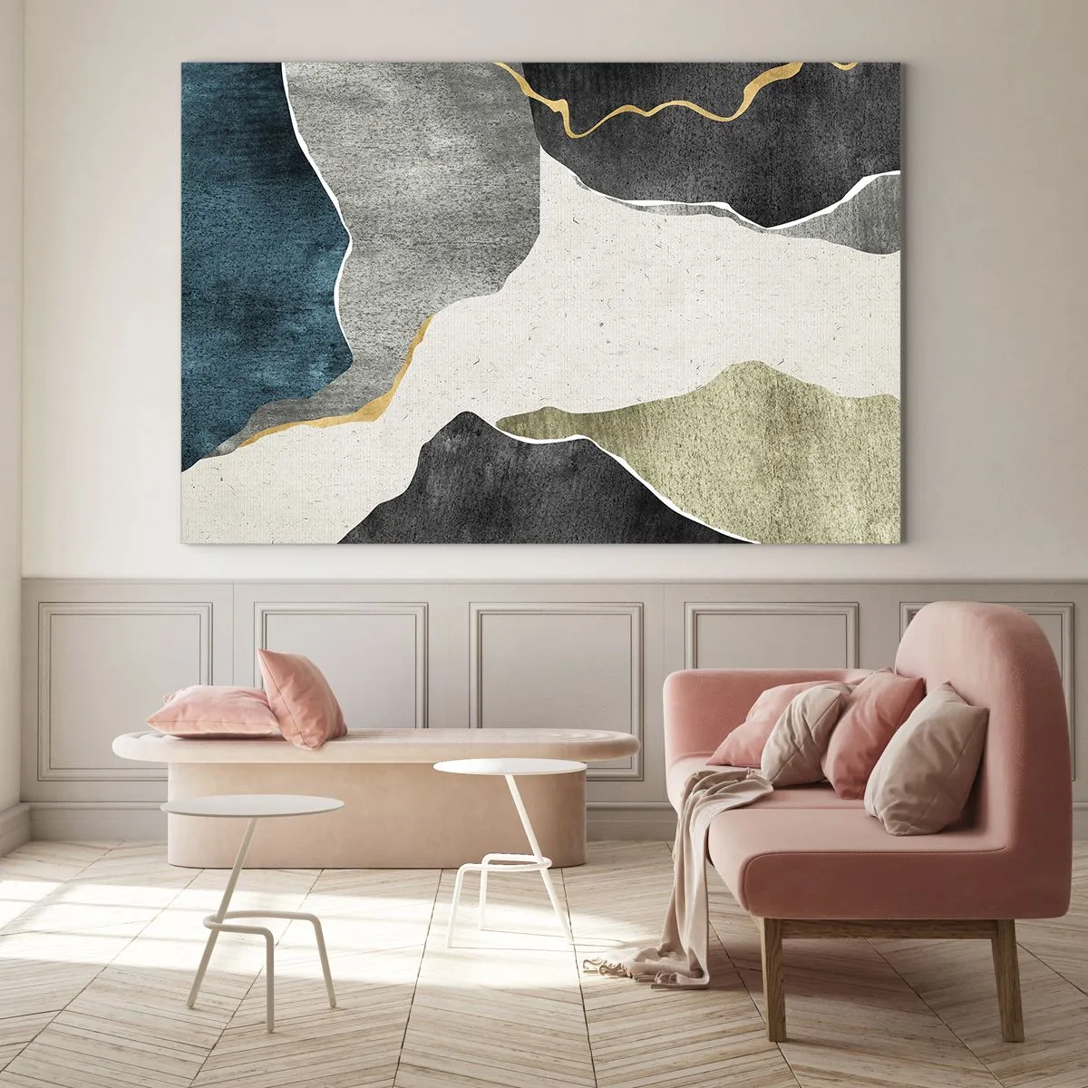Impression sur verre - Image sur verre - Mosaïque abstraite aux formes organiques et à la ligne dorée - 70x50cm - Composition mosaïque avec un fil d'or - Décoration murale moderne pour le salon et la chambre ARTTOR
