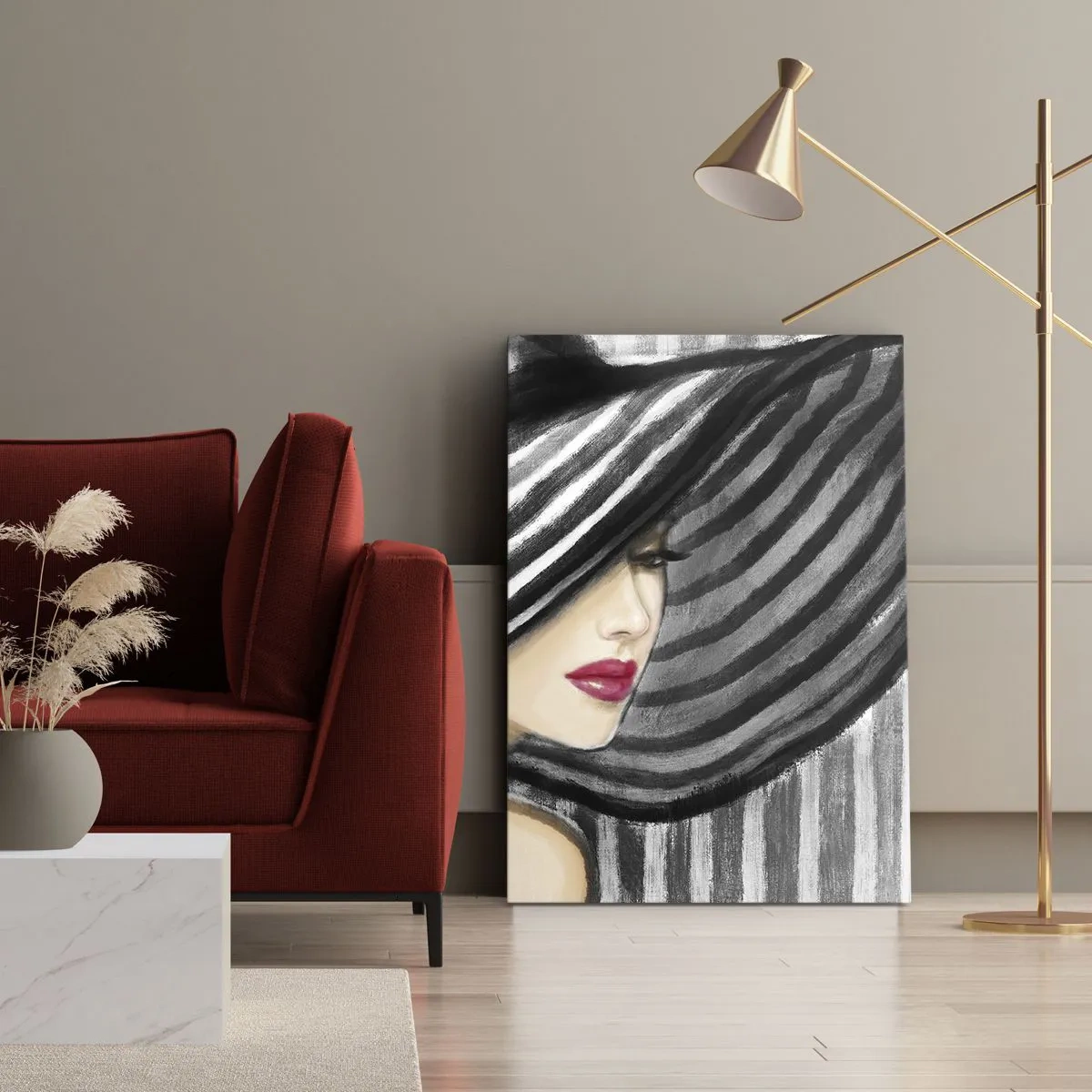 Impression sur toile - Image sur toile - Femme portant un chapeau noir et blanc avec une touche rouge - 80x120cm - Où te chercher ? - Décoration murale moderne pour le salon et la chambre ARTTOR