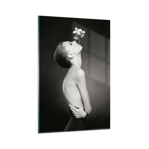 Impression sur verre - Image sur verre - Silhouette noire et blanche d'une femme avec une fleur - 80x120cm - Elégance excentrique - Décoration murale moderne pour le salon et la chambre ARTTOR