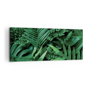 Impression sur toile - Image sur toile - Feuilles tropicales vertes dans une composition dense et naturelle - 120x50cm - Emmitouflé de verdure - Décoration murale moderne pour le salon et la chambre ARTTOR