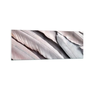 Impression sur verre - Image sur verre - Plumes délicates dans des tons subtils de gris et de beige - 140x50cm - En argent rose - Décoration murale moderne pour le salon et la chambre ARTTOR