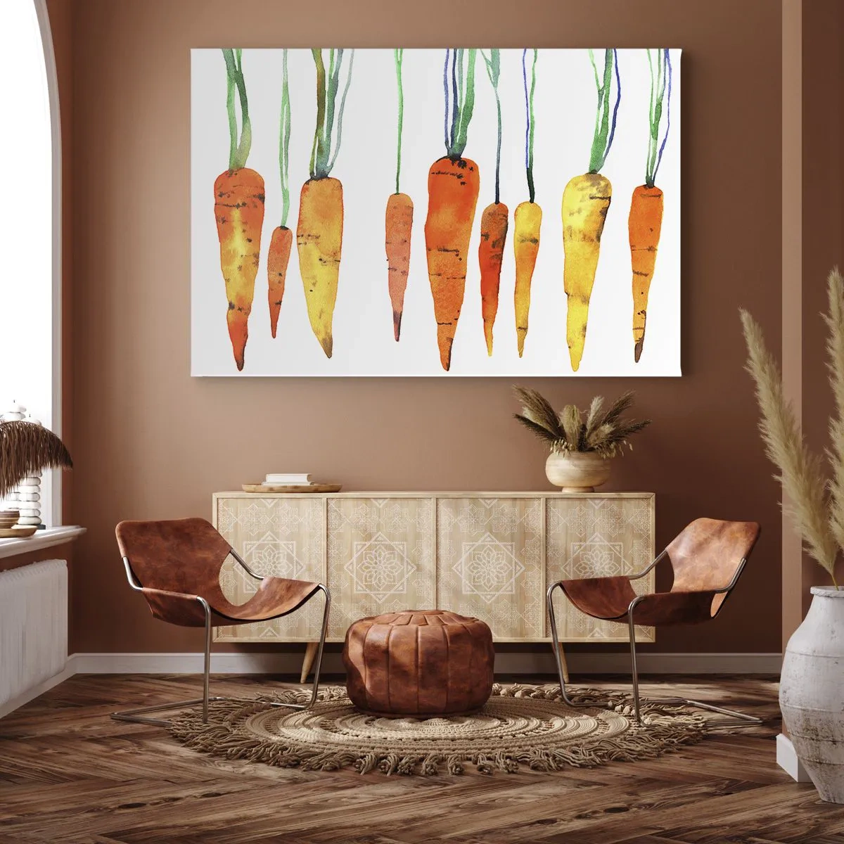 Impression sur toile - Image sur toile - Carottes à l'aquarelle dans différentes nuances sur fond blanc - 100x70cm - La beauté de l'ordinaire - Décoration murale moderne pour le salon et la chambre ARTTOR