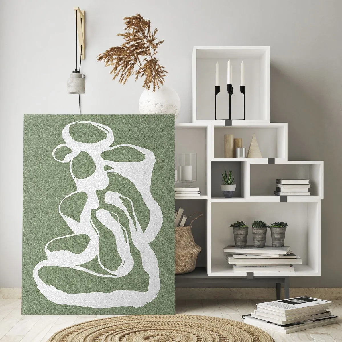 Impression sur verre - Image sur verre - Forme organique blanche abstraite sur fond olive - 50x70cm - L'appel de l'espace - Décoration murale moderne pour le salon et la chambre ARTTOR