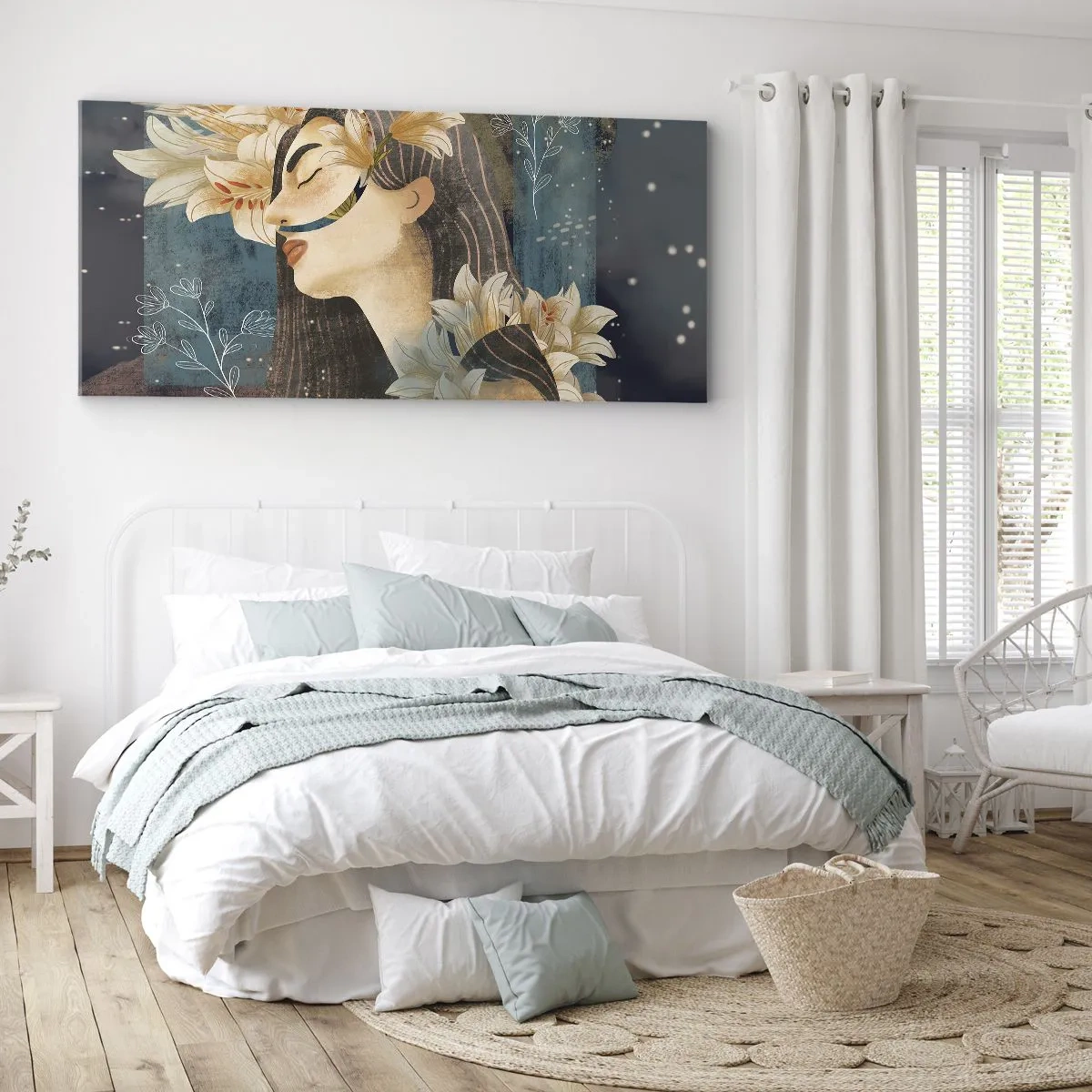 Impression sur toile - Image sur toile - Portrait d'une femme avec des fleurs dans un style artistique sur fond sombre - 140x50cm - Conte de fée sur la princesse lilas - Décoration murale moderne pour le salon et la chambre ARTTOR