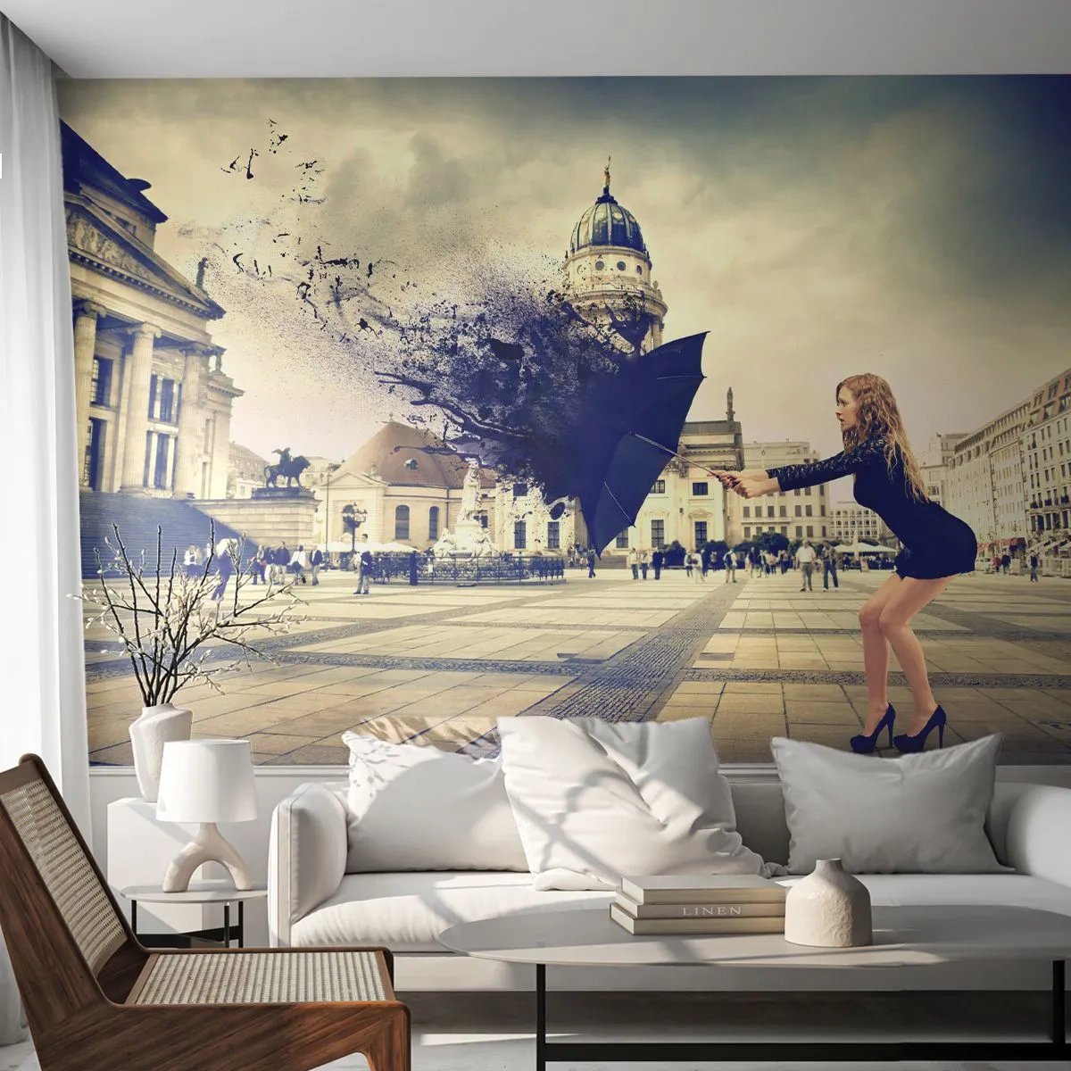 Papier Peint Autocollant Deluxe Sticker - Il y a un tel vent… - Femme, Ville, Parapluie mystérieux - 250x175 cm