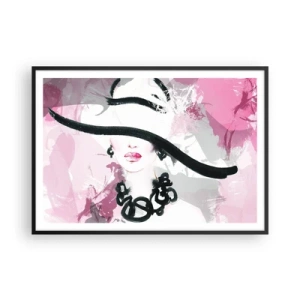 Affiche dans un cadre noir - Poster - Une femme élégante avec un chapeau sur un fond d'abstractions roses. - 100x70cm - Portrait d'une dame en noir et rose - Décoration murale moderne pour le salon et la chambre ARTTOR