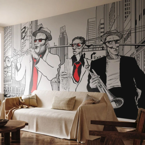 Papier Peint Photo Premium Sand - Rhapsodie urbaine en noir et rouge - New York, le jazz, Musique - 150x105 cm