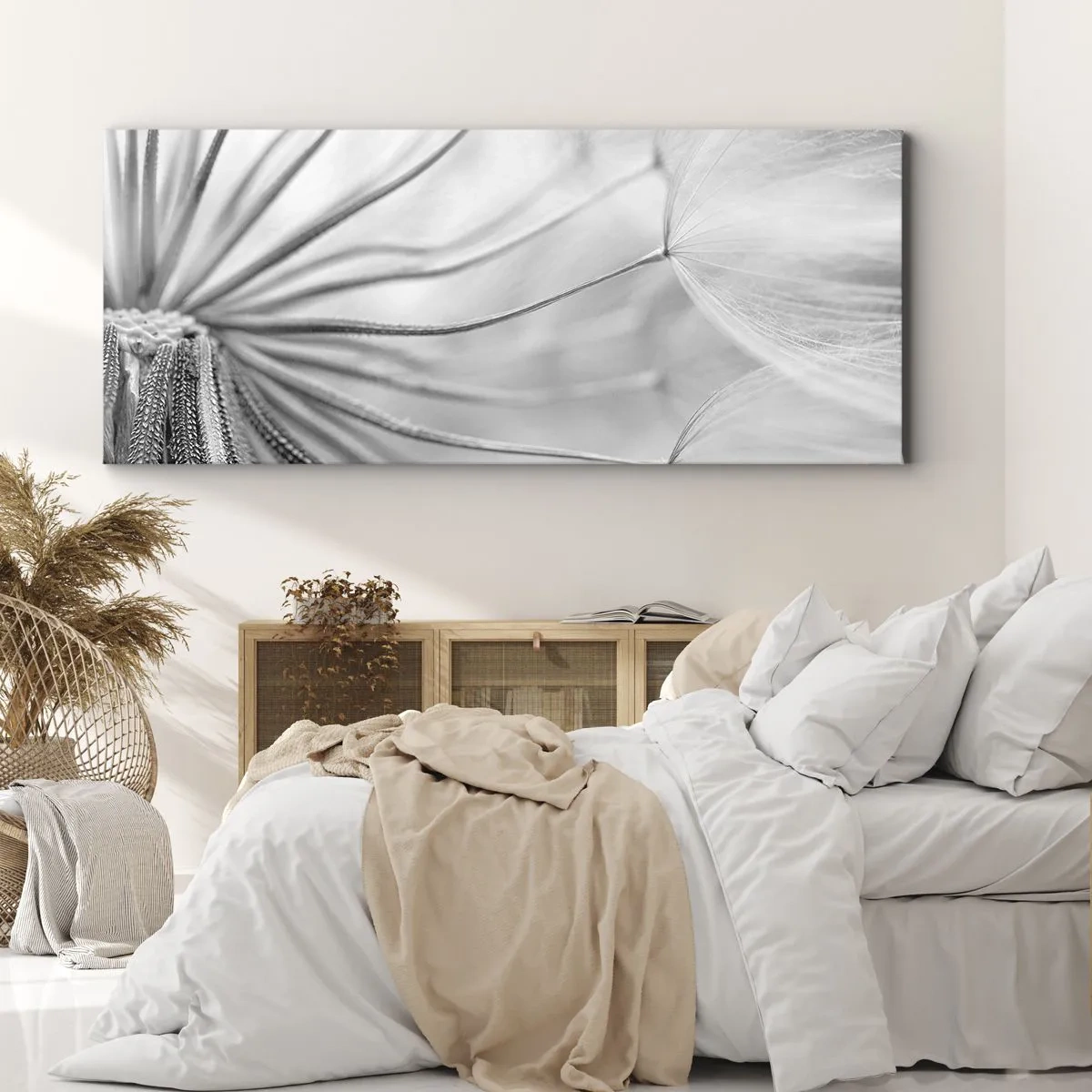 Impression sur toile - Image sur toile - Pissenlits délicats dans des tons noir et blanc - 140x50cm - Aigrette avant son envol - Décoration murale moderne pour le salon et la chambre ARTTOR