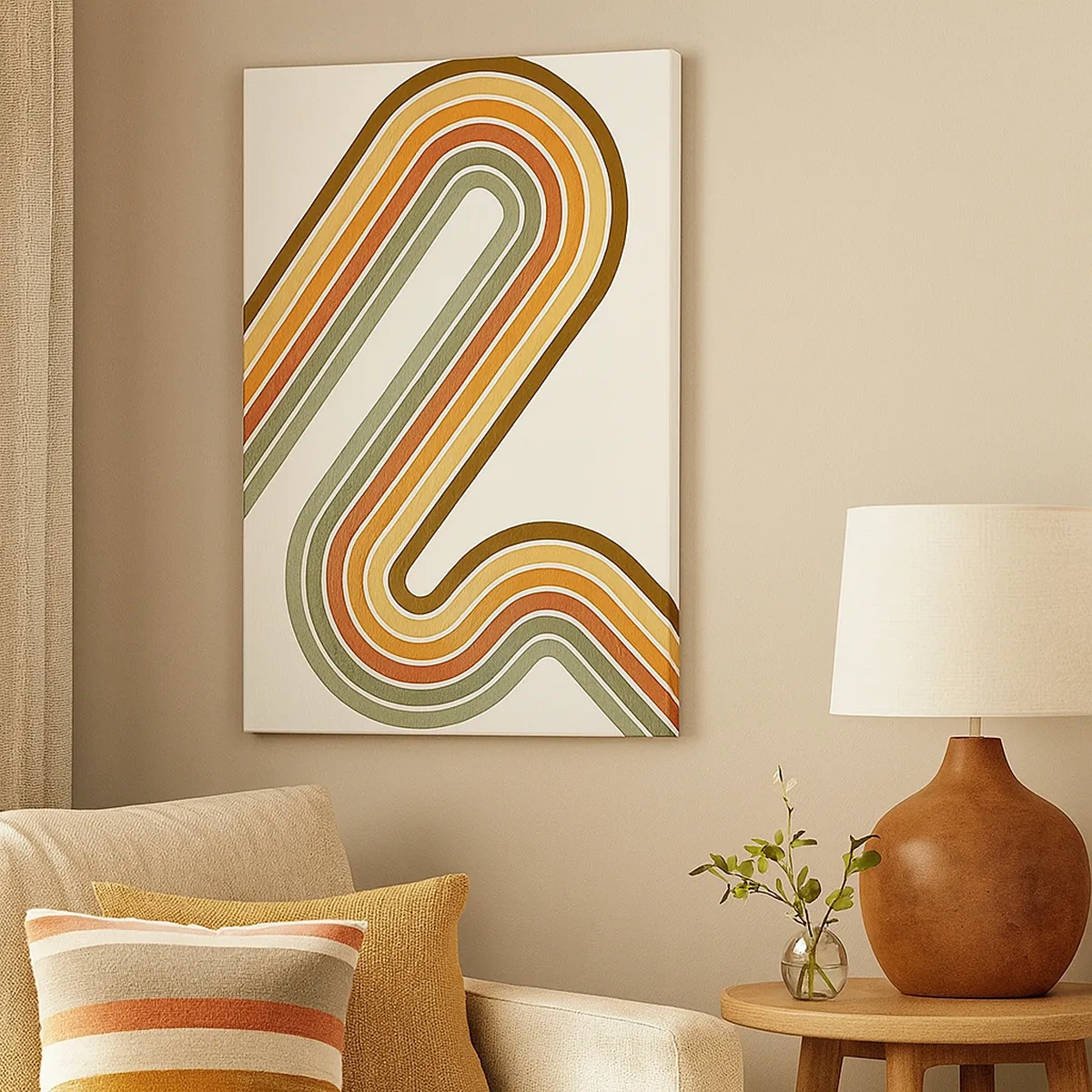 Impression sur toile - Image sur toile - Motif géométrique dans les tons de vert, orange et beige sur fond clair - 50x70cm - En zig zag vers le but - Décoration murale moderne pour le salon et la chambre ARTTOR