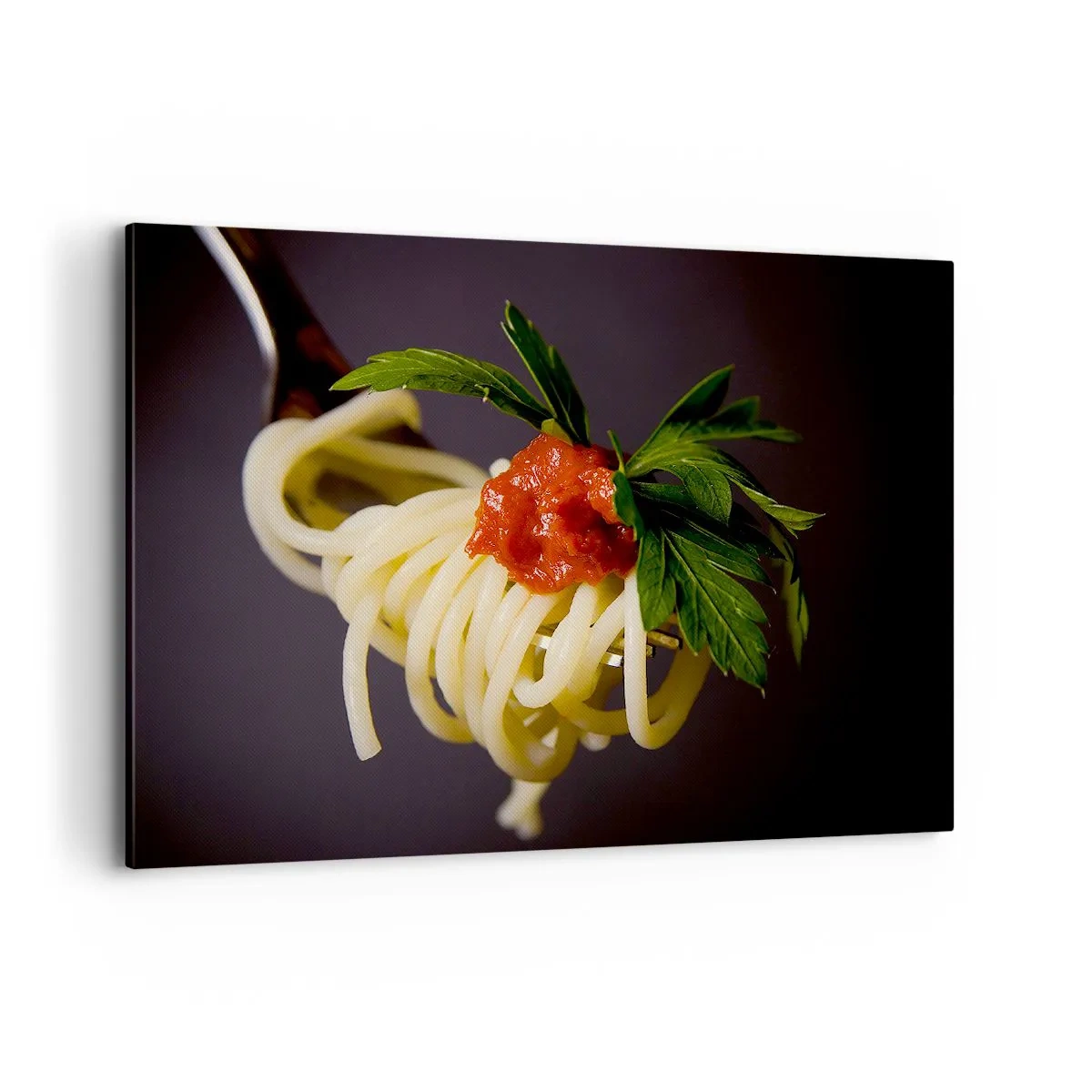 Impression sur toile - Image sur toile - Spaghettis à la fourchette avec sauce tomate et persil - 100x70cm - Une bouchée savoureuse - Décoration murale moderne pour le salon et la chambre ARTTOR
