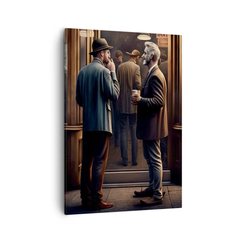 Impression sur toile - Image sur toile - Scène de rue avec des gens devant un café rétro - 50x70cm - Bon moment de la journée - Décoration murale moderne pour le salon et la chambre ARTTOR