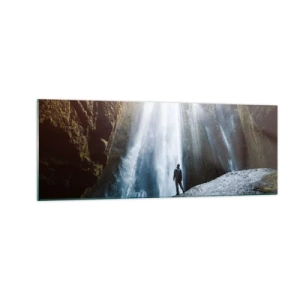 Impression sur verre - Image sur verre - Une silhouette sur fond de cascade majestueuse dans une gorge rocheuse - 140x50cm - Restauration des proportions - Décoration murale moderne pour le salon et la chambre ARTTOR