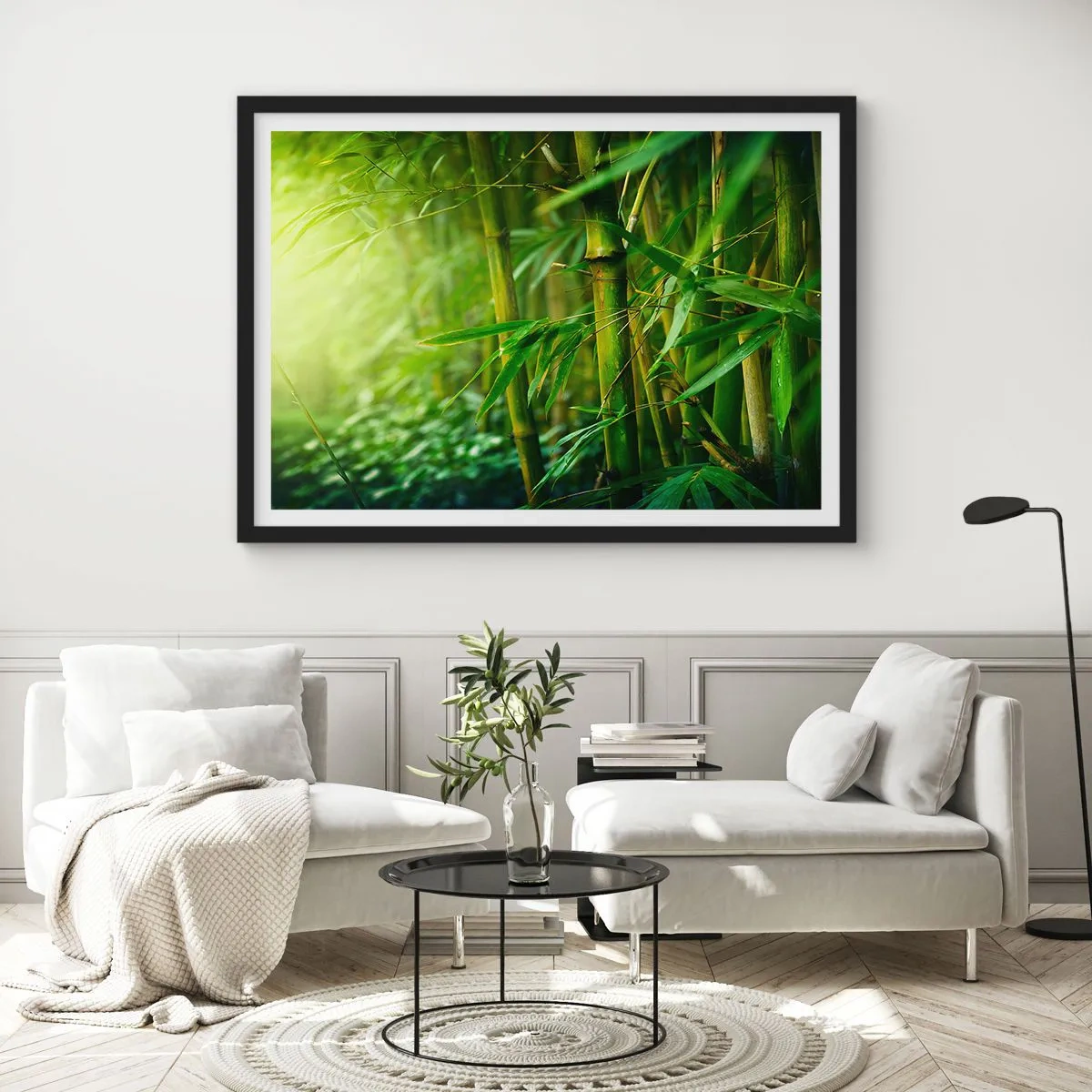 Affiche dans un cadre noir - Poster - Forêt de bambous verts dans une lumière douce - 70x50cm - Apprenez à connaître le vert lui-même - Décoration murale moderne pour le salon et la chambre ARTTOR