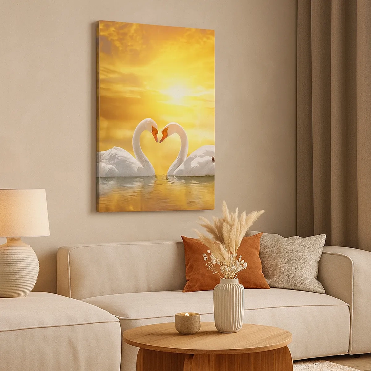 Impression sur toile - Image sur toile - Une scène romantique de deux cygnes formant un cœur sur fond de coucher de soleil doré. - 50x70cm - Le coeur est le plus beau mot du monde… - Décoration murale moderne pour le salon et la chambre ARTTOR