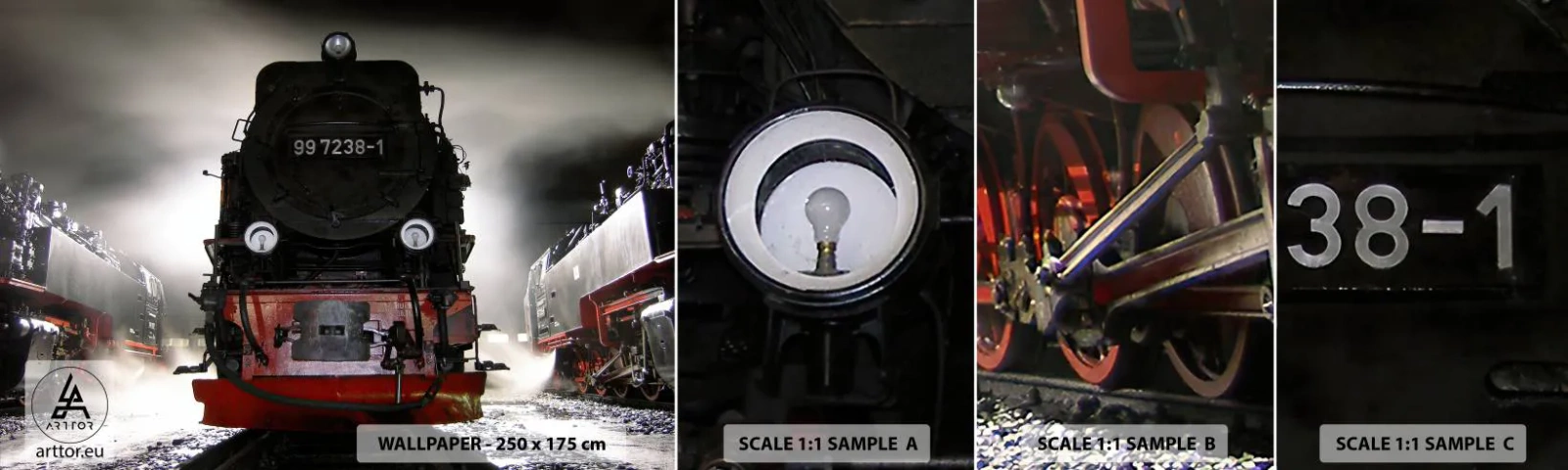 Échantillon De Papier Peint Standard Eco - Il se lève et siffle, halète et souffle - Locomotive à vapeur, Gare, Automobile - 100x30 cm