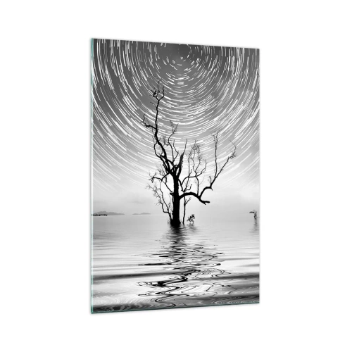 Impression sur verre - Image sur verre - Un arbre dans l'eau sous un ciel nocturne avec des étoiles en mouvement - 70x100cm - La symphonie de la nature - Décoration murale moderne pour le salon et la chambre ARTTOR