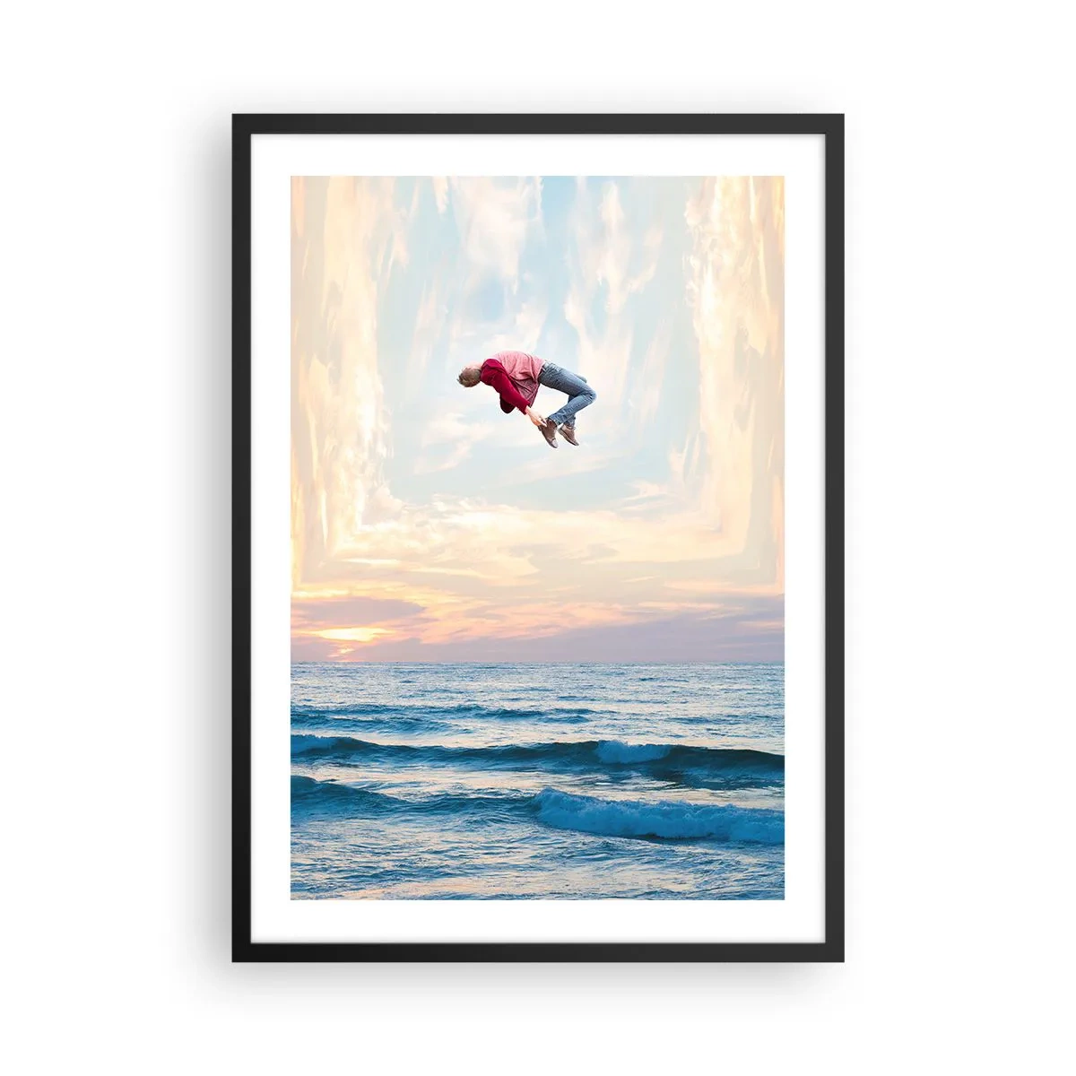 Affiche dans un cadre noir - Poster - Un homme saute dans le ciel au-dessus de l'océan au coucher du soleil - 50x70cm - Vers une autre dimension - Décoration murale moderne pour le salon et la chambre ARTTOR