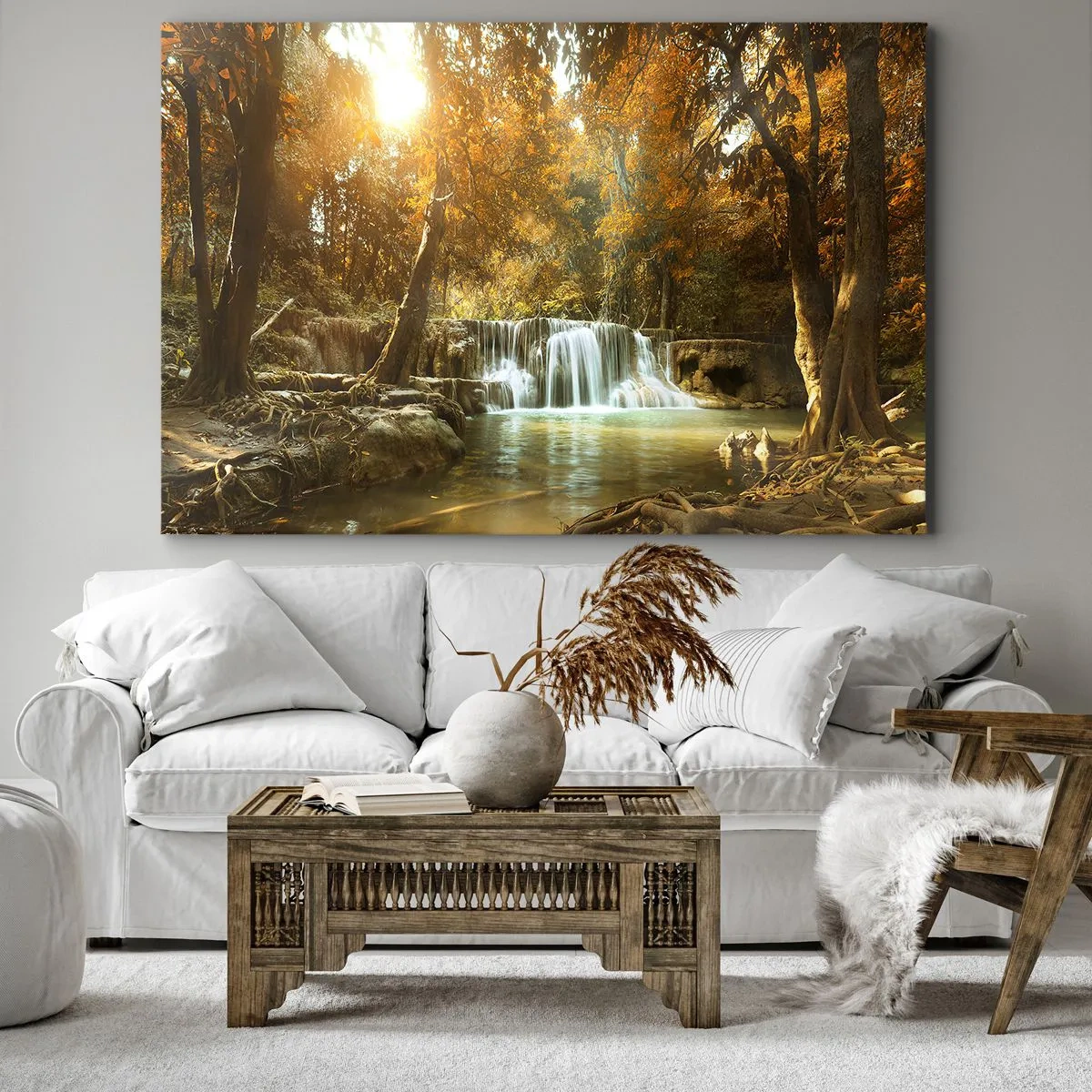 Impression sur toile - Image sur toile - Paysage d'automne avec une cascade - 70x50cm - Cascade du parc - Décoration murale moderne pour le salon et la chambre ARTTOR