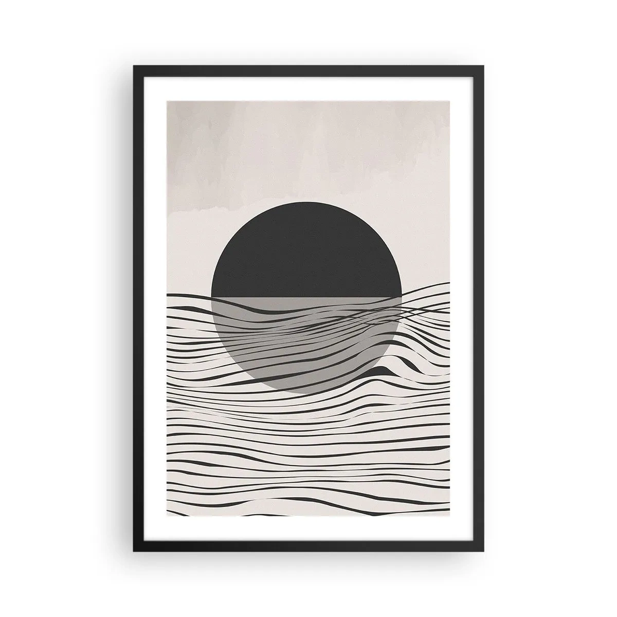 Affiche dans un cadre noir - Poster - Coucher de soleil abstrait avec des lignes de vagues - 50x70cm - Demi composition - Décoration murale moderne pour le salon et la chambre ARTTOR
