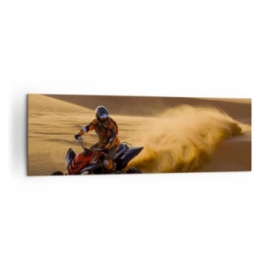 Impression sur toile - Image sur toile - Un motocycliste sur un quad traversant à toute vitesse les dunes de sable du désert - 160x50cm - Sur les vagues de sable - Décoration murale moderne pour le salon et la chambre ARTTOR