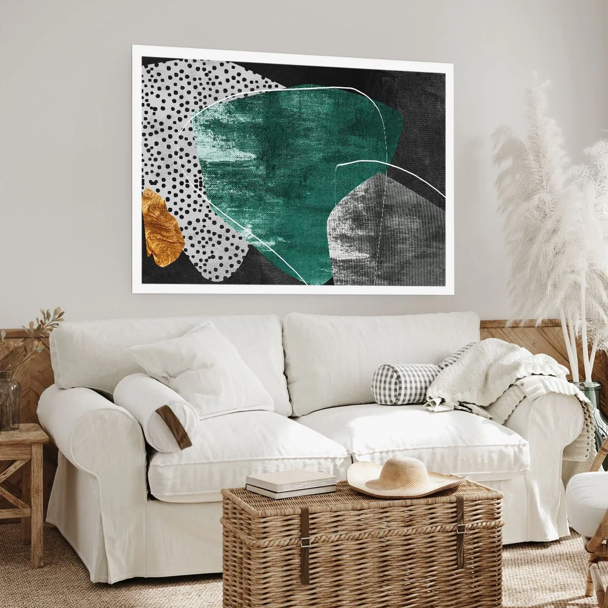 Affiche - Poster - Composition abstraite avec des formes vertes et des motifs à pois - 100x70cm - Abstraction colorée avec feuille d'or - Décoration murale moderne pour le salon et la chambre ARTTOR