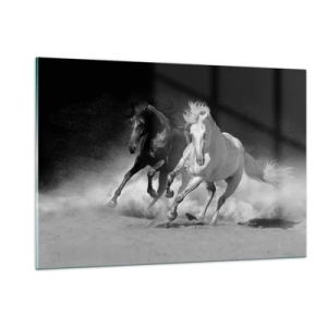 Impression sur verre - Image sur verre - Chevaux au galop en noir et blanc - 120x80cm - Galop de la liberté - Décoration murale moderne pour le salon et la chambre ARTTOR