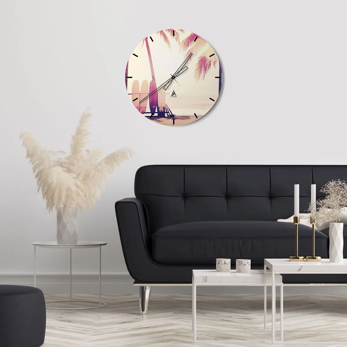 Horloge murale - Pendule murale - Planches de surf et palmiers sur la plage à l'aube - 30x30cm - Ca va être une journée magnifique - Décoration murale moderne pour le salon, la cuisine et la chambre ARTTOR